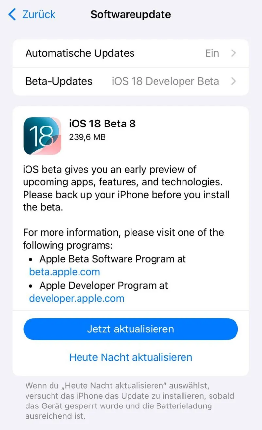 布尔津苹果手机维修分享苹果 iOS / iPadOS 18 开发者预览版 Beta 8 发布 